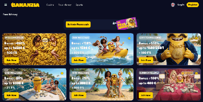 Grille des bonus Bananzia : Welcome Pack, 2nd Welcome, Crypto Welcome, 3rd et 4th Welcome, Sunday Reload