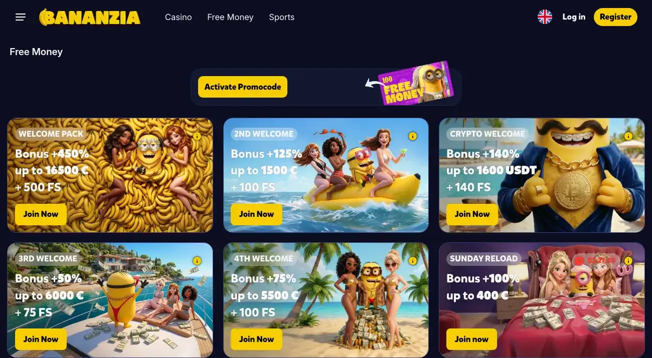 Page Free Money de Bananzia avec les offres de bonus et de tours gratuits par palier de dépôt