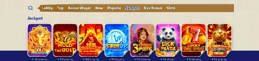 Catégorie Jackpot du lobby Bananzia avec les machines à sous à gros gains