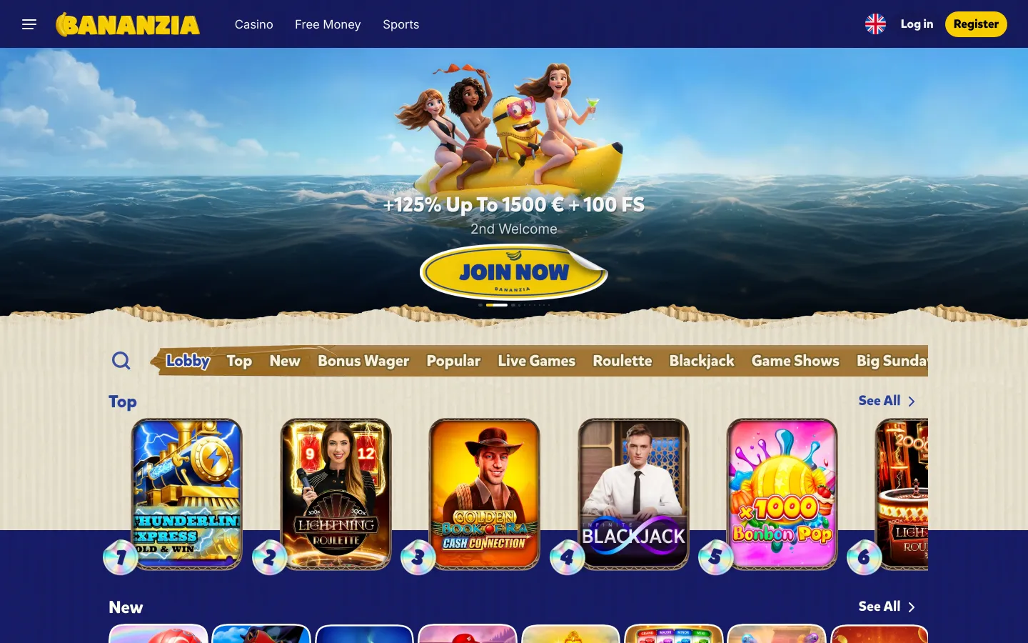 Capture du lobby et des jeux de Bananzia Casino