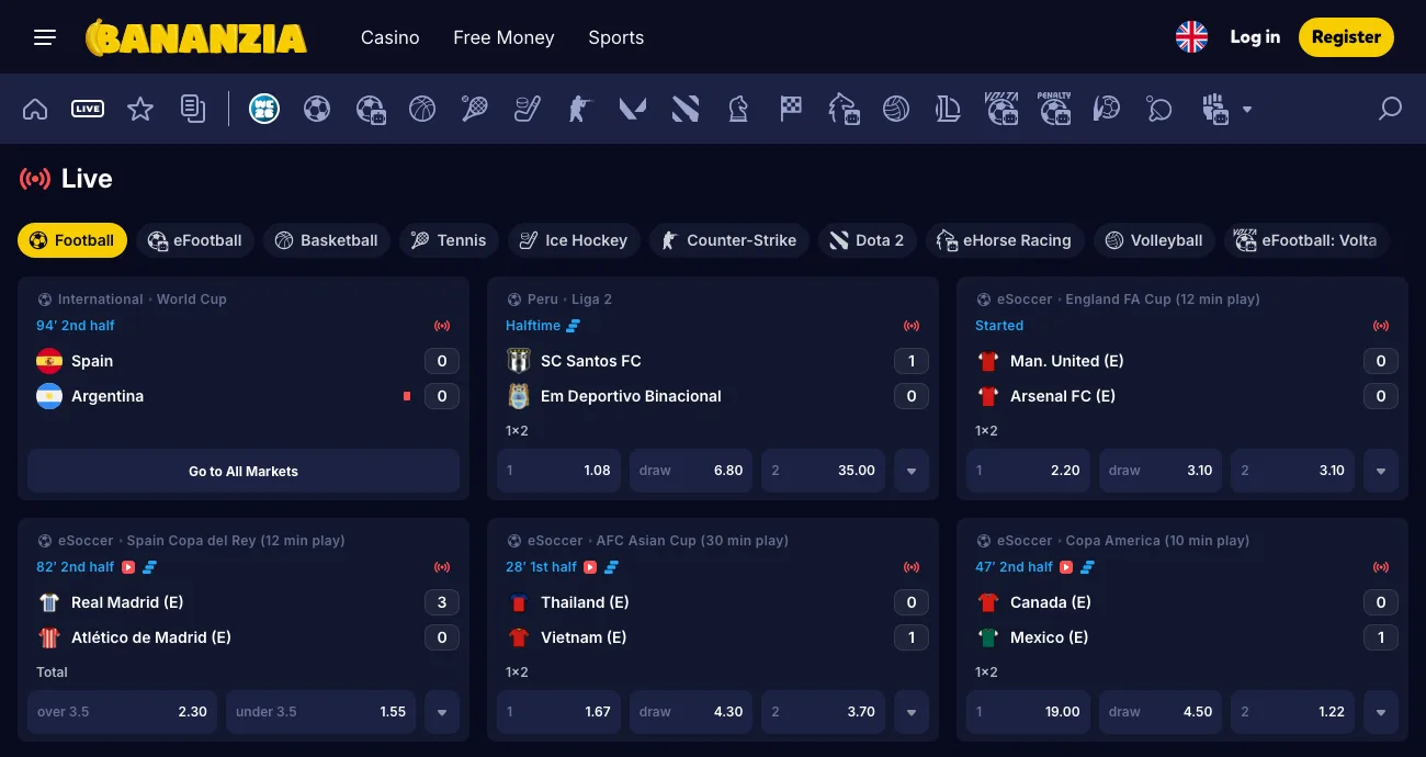 Onglet Live des paris sportifs Bananzia avec des matchs en cours et leurs cotes en temps réel